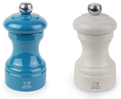 Peugeot Bistro Pepper and Salt Mill Set, 4in - Beechwood Mills with Adjustable Grinding - For Peppercorns and Rock Salt, Corrosion-Resistant - Essential Kitchen Tools (Blue/Ivory)