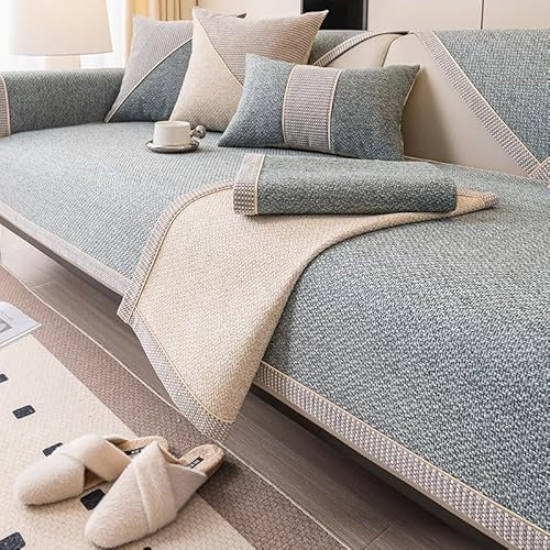 QHFTYL Sofabezug Baumwolle Leinen Couch überzug Sofaüberwurf rutschfest Sofaschoner für Ecksofa Ledersofa L/U Form Big Sofa Eckcouch Schlafsofa (Graugrün-90x120cm)