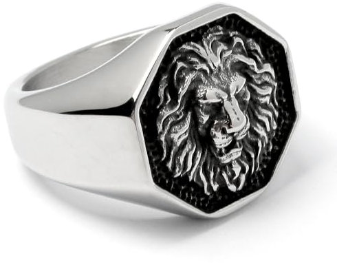 Löwen-Ring aus Edelstahl silber poliert Löwen-Kopf Herrenring Männer Schmuck Geschenk (55 (17,5 mm Ø))