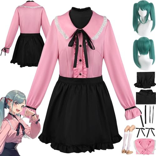 ZHAOSJ Anime Vampire Miku Cosplay Kostüm Outfit H'atsune M'iku Rosa Uniform Kleider Komplettset Halloween Karneval Dress Up Anzug Mit Kopfschmuck Perücke