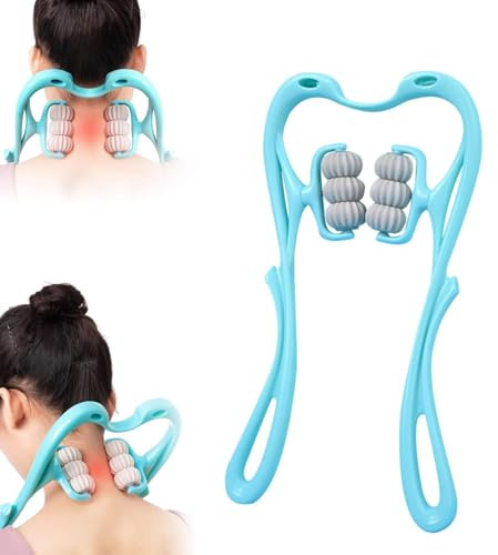 6 Rad Druckpunkt Nackenmassagegerät, Manuelle Nackenentlastungsrolle, Nackenrolle Massagegerät Werkzeug, Nackenmassagegerät Roller Handheld für Schmerzlinderung (Blau)