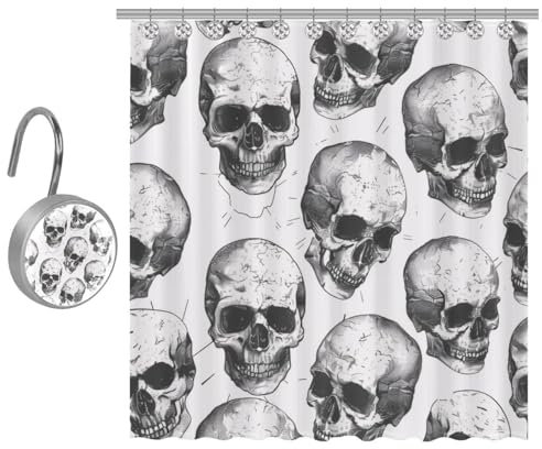 VAPOKF Rideau de douche en polyester avec 9 crochets en acier inoxydable pour salle de bain rustique Motif têtes de mort sur blanc 122 x 182 cm