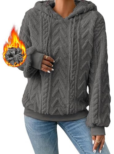Yeenily Felpa Donna con Cappuccio Elegante Hoodie Giacca in Pile Manica Lunga Caldo Sweatshirt Autunno Invernale Oversize Maglione (Grigio Scuro, XXL)
