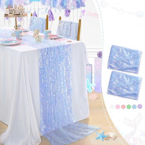 BrillShine Tischläufer Blau 2 Stück 63 x 300 cm Tischläufer Tischband für Meerjungfrau Pailletten Geeignet für Party deko Geburtstag Hochzeiten, Weihnachten Einschulung Deko