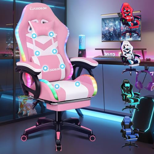 ELFORDSON LED Gaming Chair with 8-Point Massage, Swivel Office Chairs with Head Pillow Lumbar Support, Ergonomic Desk Chair with Armrests Footrest for Heavy Duty, PU Leather, Pink