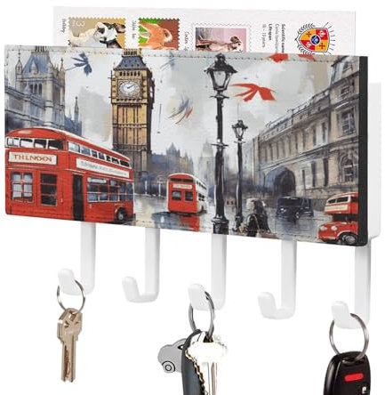 QWNMD Schlüsselhalter für Wand Schlüsselhaken London Bedrucktes Schlüsselbrett mit 5 Haken Wandmontage Schlüsselhalter für Flur Selbstklebend Schlüsselbrett