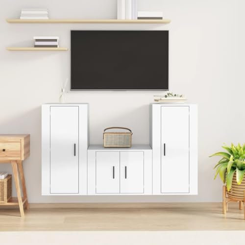 KLYEON Ensemble de Meubles TV 3 pcs Blanc Brillant Bois d'ingénierie,Ensemble Meuble TV Mural Blanc Brillant Design et Pratique Ameublement et Décoration, Meubles TV