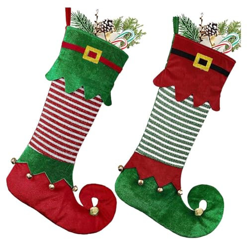 Lunaanda Weihnachtsstrümpfe, 2 Stück Große Personalisierbare Weihnachtsstrumpf zum Befüllen, Rot und Grün Nikolausstrumpf Hängende Geschenktüte mit Glocken für Weihnachtsbaum Kamin Weihnachtsdeko