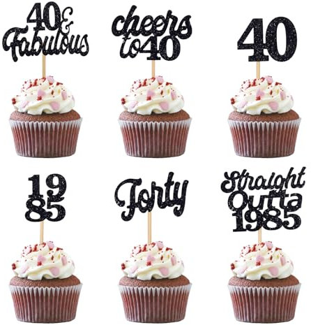 Gleevio Glitzer Deko 40. Geburtstag, 24 Stück Muffin Topper, Schwarz, Cupcake Deko 40. Geburtstag, 1985