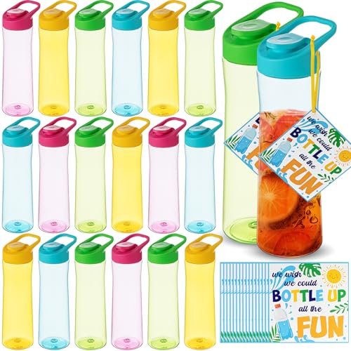 Sunnychicc 18 Pack End of the Year Gifts Water Bottles Bulk 22oz Portable Sports Water Bottle Summer Colorful Drink Bottles with Cards for Summer Party Classroom Prizes Graduation Gifts