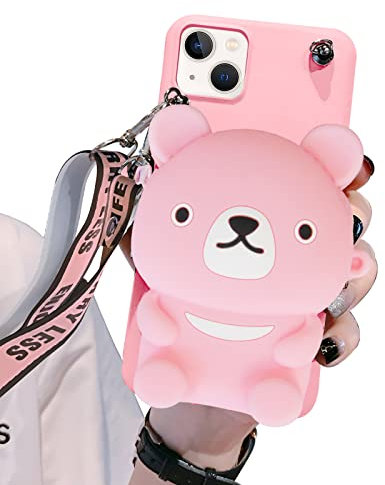 SGVAHY Custodia a portafoglio per iPhone 6/6s con cordino con cordino carino orsetto rosa portamonete divertente custodia per telefono Kawaii morbido silicone antiurto cover per donne ragazze