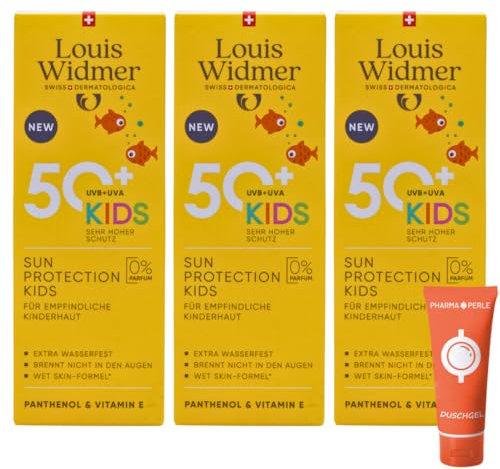 Louis Widmer Sun Protection Kids 50+, 3x 100 ml I Sonnenschutz für empfindliche Kinderhaut I feuchtigkeitsspendende Emulsion I extra wasserfest I hoher UV-Schutz I Spar-Set plus Pharma-Perle give-away