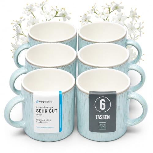 Steingut kleine Tassen 6 Pers. Ibiza Hochwertiges Mediterranes TEST SEHR GUT Tassen Set, Spülmaschinen-, Mikrowellen- und Kratzfest - Stylisches Tee- und Kaffeebecher Set - Pure Living in Beige-Blau