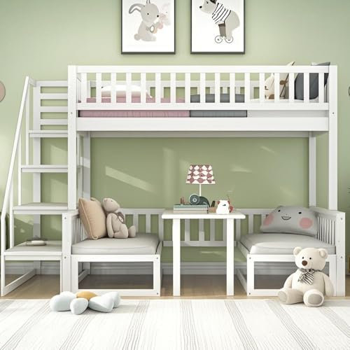 Kinderbett Etagenbett 90x200&120x200, Hochbett mit Treppe & Flexibler Tisch & Holzsofa, Funktionsbett Stockbett Holzbett Bettgestell mit Rausfallschutz & Lattenrost, Ohne Matratze Ohne Kissen, Weiß