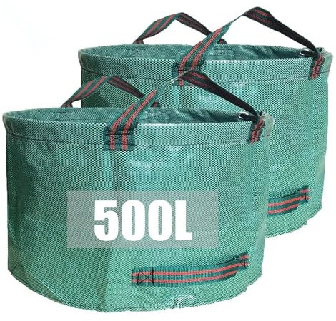 Lot de 2 grands sacs à déchets de jardin robustes de 500 litres avec poignées, sacs réutilisables, sacs poubelles imperméables, parfaits pour la collecte des déchets