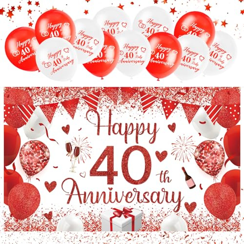 40th Wedding Anniversary Decorations – Ruby Wedding Decorations Set with 40th Anniversary Banner (110x180cm) & 20 Balloons – Elegant Ruby Party Supplies