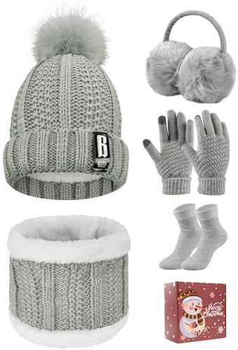 Tuopuda Wintermütze Handschuhe Damen Warme Beanie Winter Mütze Strickmütze Schal Gestrickte Handschuhe Verdickte Socken Plüsch Ohrenschützer Kombi Set Geschenk für Outdoor Sport Wärmen