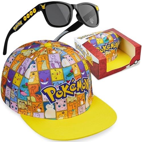 Pokemon Basecap und Sonnenbrille Set Jungen 6-14 Jahre, Sommer Kinder Cap mit UV Schutz Kindersonnenbrille, Anime Geschenke für Kinder (Gelb/Multi Pokemon Set)