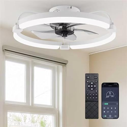 Ensenior Ceiling Fans with Lights and Remote, 50cm Flush Mount, 6 Speed & 3000K-6500K Stepless Dimmable Quiet Modern LED Fan Lights Ceiling for Bedroom Living Room Dining Room - White