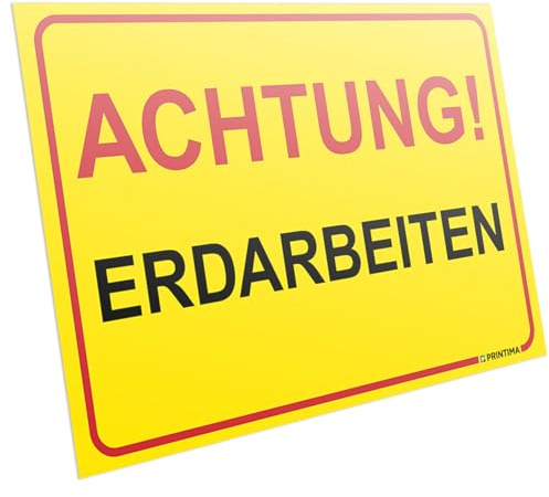 PRINTIMA PVC Schild „ACHTUNG! ERDARBEITEN“ 32x21cm – Warnschild mit Montagedübeln – Wetterfestes Bauschild zur Kennzeichnung von Bau- & Grabungszonen