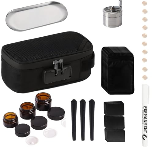 Smell Proof Bag with Lock–Odour Proof Stash Box & Smell Proof Container Kit with 63mm Metal Grinder, 3 Airtight Amber Jars, Rolling Tray, 3 Doob Tubes, Labels & Marker–Travel for Herbs & Accessories