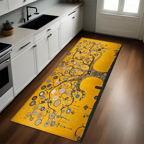 Küchenläufer 50x150 cm Baum des Lebens rutschfest Waschbar Gelb Teppich Läufer Küchenteppich Flurteppich für Küche Flur Wohnzimmer