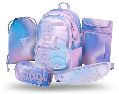 Baagl Schulrucksack Set Mädchen 5 Teilig Schultasche Grundschule - Sky | Ergonomische Volksschule Ranzen mit Brustgurt und 25 l bietet ein Etui, Turnbeutel sowie Bauchtasche für Kinder ab 3. Klasse.