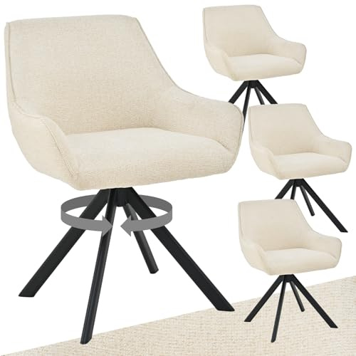 Goeurvant Chaises de Salle à Manger Pivotantes 360°avec Accoudoirs Lot de 4, Chaise Rembourrée en Chenille, Fauteuil Moderne avec Pieds Métal Noir, Chaise Cuisine/Bureau/Salon, Blanc Crème