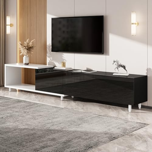 BENMWS Mobile TV estensibile con 3 ante lucide, piedini in metallo, cerniere silenziose, design moderno, colore: nero e bianco