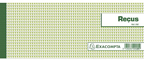 Exacompta - Réf. 25E - 1 Carnet à souche REÇUS - 50 feuillets papier chèque amagnétique 95g/m2 Clairefontaine - Chaque feuillet est prédécoupé - format horizontal 105 x 270 mm
