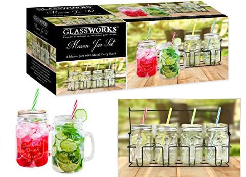 Mason Jar Drinking Mugs Carry Rack Cocktail Jars Summer 400ml Includes Re-usable Straws