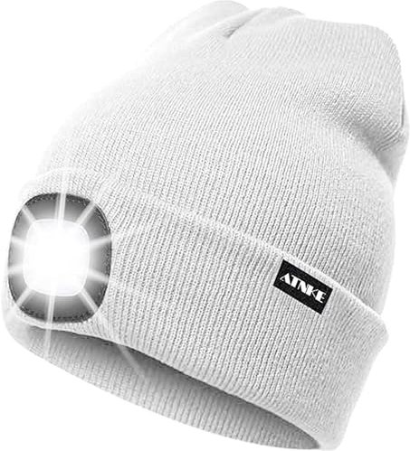 ATNKE LED Beleuchtete Mütze,Wiederaufladbare USB Laufmütze mit Licht Extrem Heller 4 LED Lampe Winter Warme Stirnlampe für Herren und Damen Geschenke/White