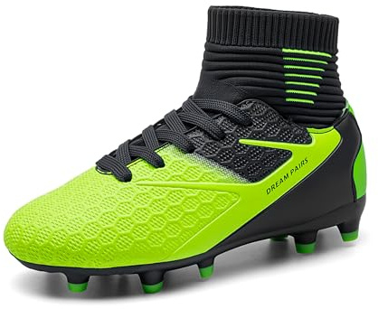 DREAM PAIRS Boys' Football Boots Kids Girls Turf High Top Spikes Non-Slip Junior Soccer Shoes Outdoor Sneakers for Unisex,Size 2 Big Kid,Dark/Blue/Neon/Green,HZ19002K