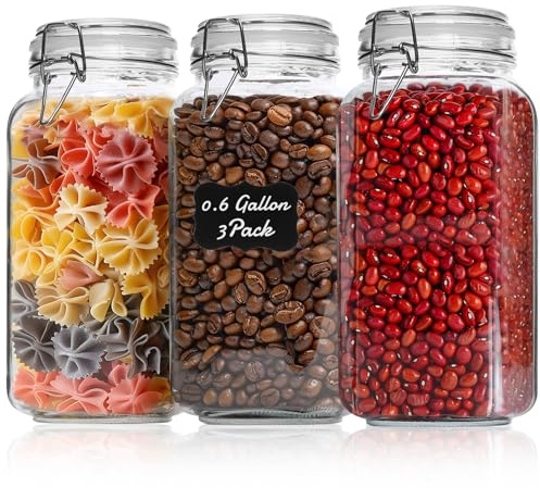 ComSaf 3-Pack 78oz Large Square Airtight Glass Jars for Bulk Food, Holds a 4lb Bag of Sugar or 5lb of Rice, Wide Mouth Canister for Flour, Coffee & Pantry Organization