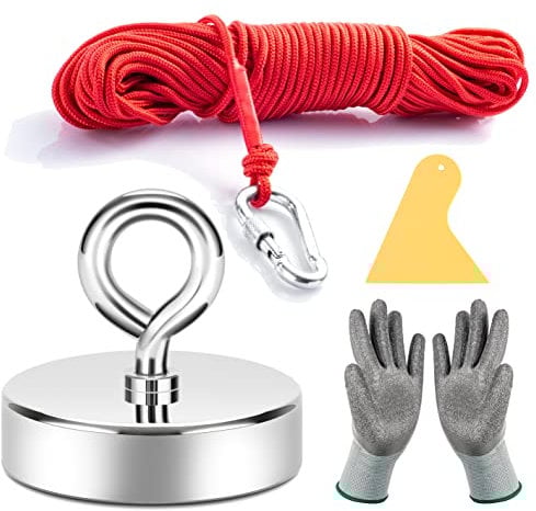 Neosmuk Fishing Magnet, 500 lb+ Giant Rare Earth Magnet with Rope, Large and Big 2.5 inches Diameter Disc Magnetic Fishing Kit for Tools, Heavy Duty and Thick Retrieving Neodymium Magnet with Hole