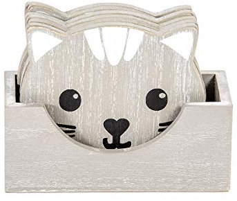 Spotted Dog Gift Company - Untersetzer aus Holz - im Katzen-Design - für Tassen, Becher und Gläser - Geschenk für Katzenliebhaber und Katzenbesitzer - Grau - 6er-Set