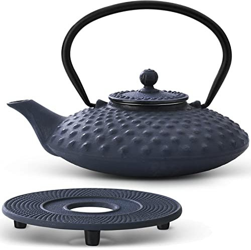 Bredemeijer kleine blaue Asia Teekanne Gusseisen Set 0.8 Liter Teekessel mit Henkel & Edelstahl Tee-Filter Sieb-Einsatz für losen Tee und Untersetzer