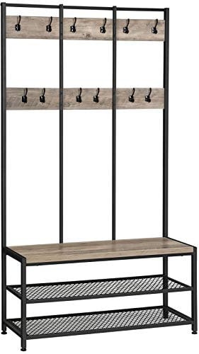 VASAGLE Grand portemanteau, Meuble d entrée, avec 12 Crochets et Banc à Chaussures, Style Industriel, Vestiaire, Étagère, pour Bureau, Chambre, Cadre en Acier, Grège et Noir HSR086B02