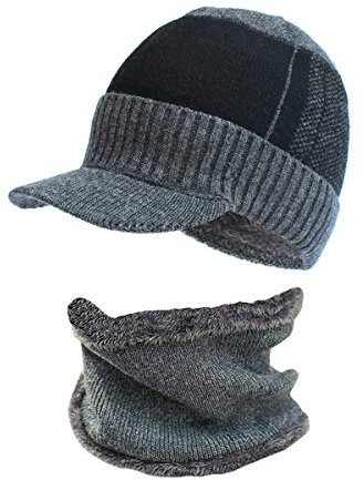 YzoTek Winter Visor Beanie Hat Scarf Set - Warm Knit Skull Cap, Outdoor Windproof Sunproof Neck Ear Head Thermal Kit with Brim & Thick Fleece Lining for Men Women Gift