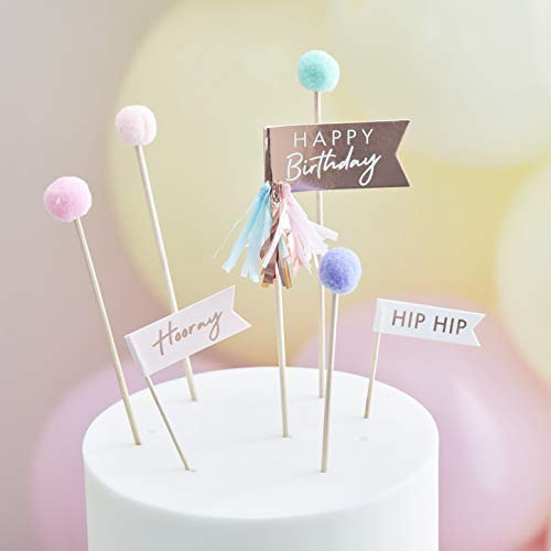 Ginger Ray Hip Hip Hip Hooray Pom Pom und Flaggen Happy Birthday Cake Toppers