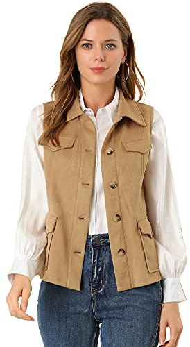 Allegra K Damen Ärmellose Jacke aus Wildlederimitat Utility | Utility, Knopfleiste vorne, Taschenklappe, spitzer Kragen, lässige Oberbekleidung, Wildlederimitat, Cargotasche