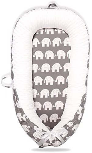 EAQ Nido Bebé Recién Nacido 90 x 50 cm Algodón 100%, Reductor de Cuna Nidos para Recién Nacidos y Bebés, Cuna Cama de Viaje Portátil, Funda Removible y Lavable (elefante)