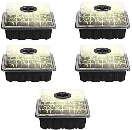 5 PièCes Mini Serre Chauffante pour Semis, Serre IntéRieure PéPinièRe avec Couvercle et Ventilation, Humidité RéGlable Plateau Bac a Semis, 12 Cellules Par Plateau, pour La Croissance D(Color:le noir)