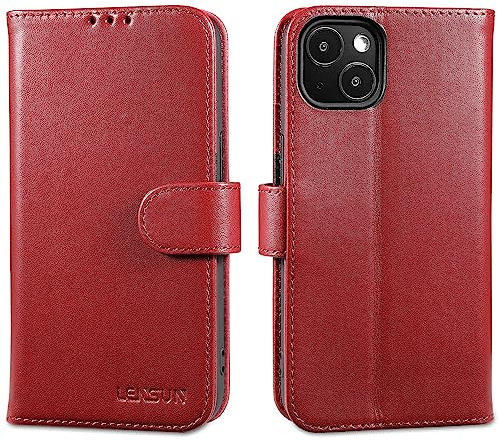 LENSUN Echtleder Hülle für iPhone 13 5G, Handyhülle Echt Leder [Magnetverschluss] RFID Handytasche Lederhülle Klappbar Flip Cover Kompatibel mit iPhone 13 - Weinrot