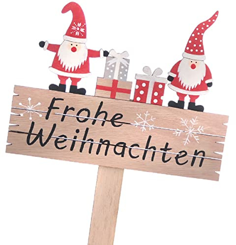 ETC weihnachtlicher stimmungsvoller Deko-Stecker Garten-Stecker Frohe Weihnachten mit 2 Wichteln und Geschenken Holz bemalt weiß rot