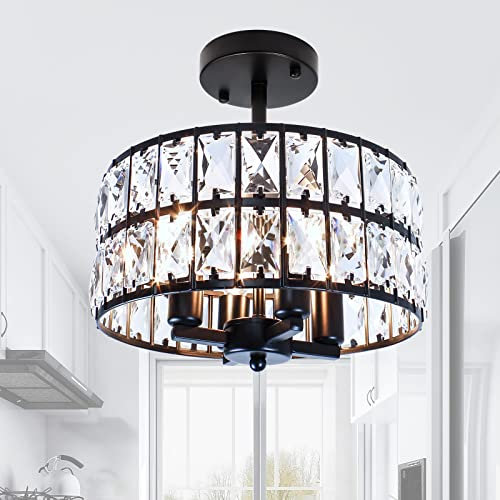 JHLBYL Moderne Kristall Deckenleuchte, 4-Flammig Metall Schwarz Kronleuchter, Deckenleuchte Vintage Industrie, Deckenlampe Kristall mit E14 Lampenfassung