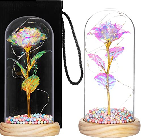 SPRINGOS Rosa en cúpula de cristal Rosa eterna Regalo San Valentín Flor artificial con luz LED 22 cm Fiesta mujer