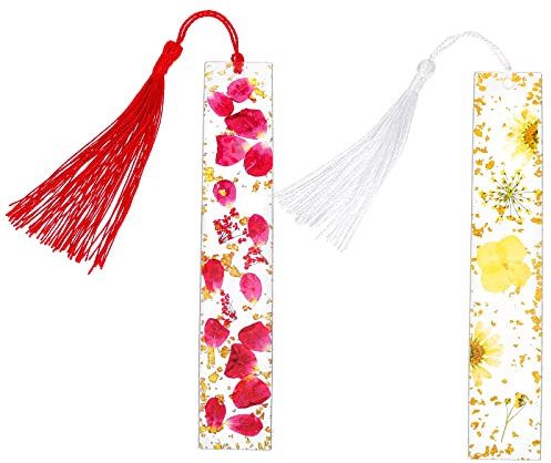 cobee Harz Getrocknete Blumen Lesezeichen, 2 Stück Transparente Gepresste Blumen Lesezeichen Handgemachte Blumenseitenmarkierung mit Quaste Nettes Lesezeichen für Frauen Kinder (Rot + Weiß)