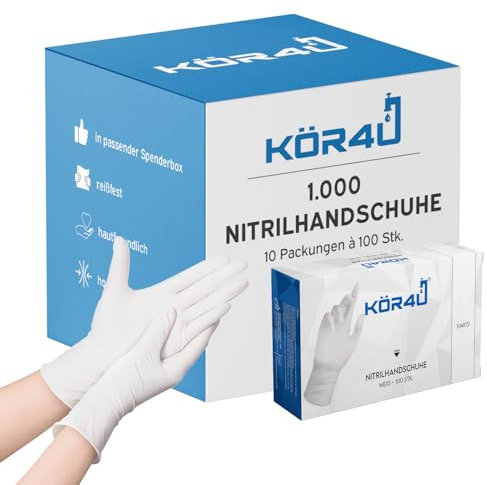 kör4u Nitrilhandschuhe, 1000 Stück, puderfrei, latexfrei, Einweghandschuhe, Einmalhandschuhe, Lebensmittelhandschuhe (Weiß, XL)