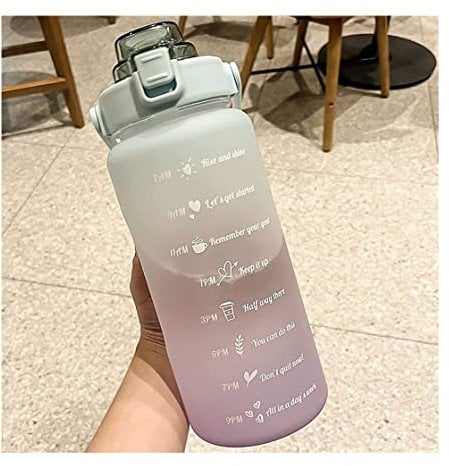 INKTUS Sports Water Bottle 2000Ml Super Large Capacity Bottle For Water Drinkware Flip Top Lid Straw Cup With Motivational Time Marker Drinks Jug Gym Bottle (Blue : Green Purple, Size : 2000ml)